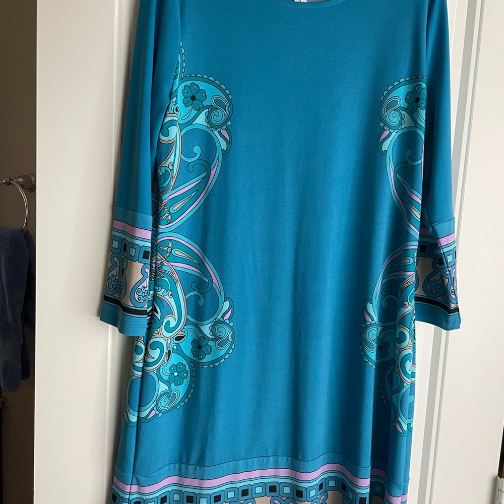 Teal Patterned Long Sleeve Dress